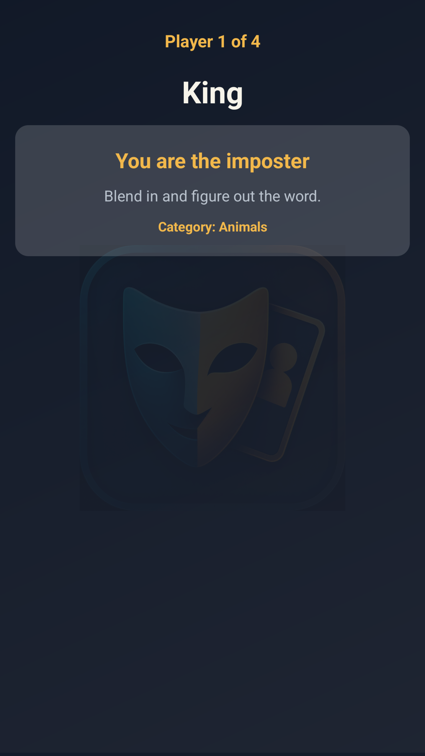 Imposter Land result screen showing the secret word and imposter