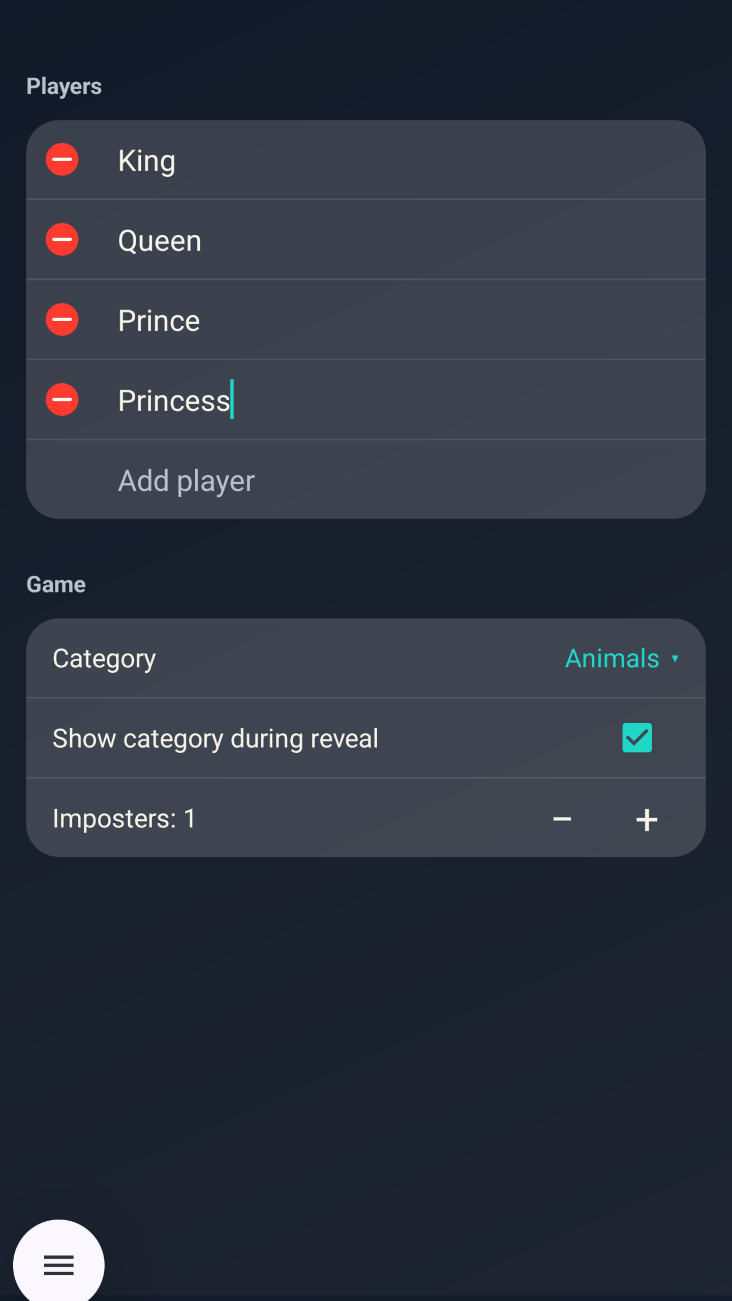 Imposter Land setup screen with players, category, reveal toggle, and imposter count